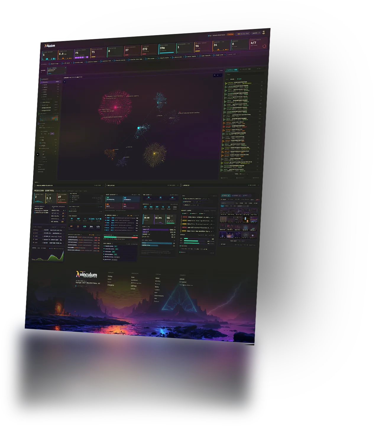 The Vinculum dashboard — metric strip, lineage cosmos, live entries feed, and Mission Control panels on a single surface